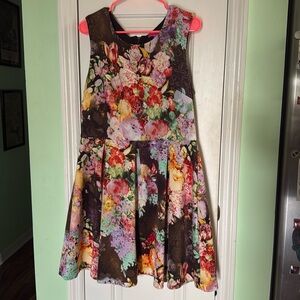 Betsey Johnson Floral Print Fit n Flare Mini Dress Dahlias Fall Flowers Size 14